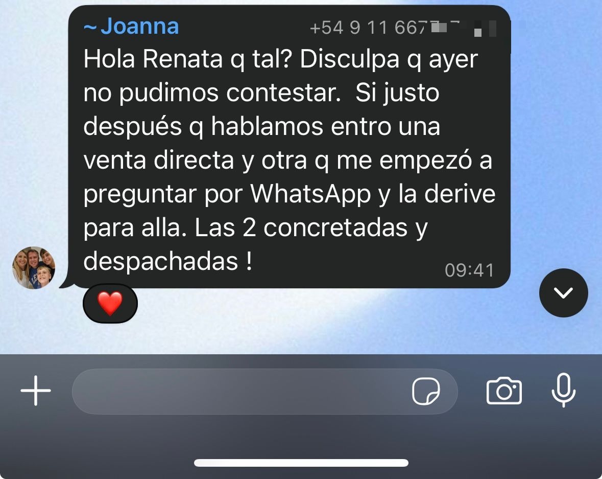 Joanna: las 2 ventas concretadas y despachadas